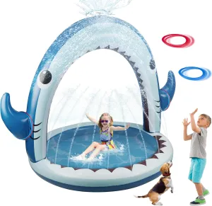 Giant Shark Sprinkler for Kids - Inflatable Water Toys Splash Pad with 360° Spray,4 PCS Plastic Toss Rings,Outside Water Play for Yard,Fun Sprinkler Summer Game Gift for Boys or Girls Ages 3-8