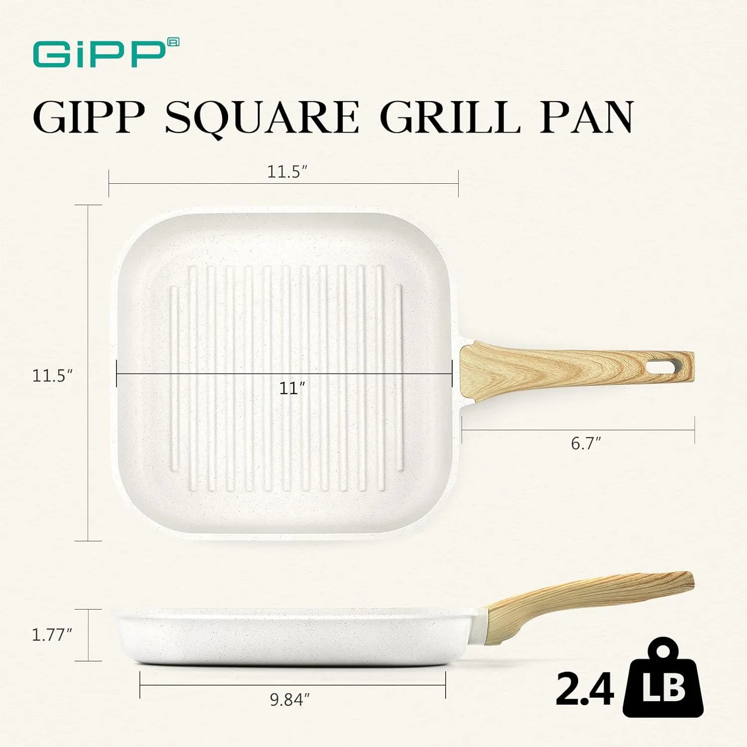 GiPP Nonstick Grill Pan for Stove Tops - 11 Inch Square Grilling Pan for Indoor Cooking & Outdoor Grilling, Non Stick Granite Grill Skillet Steak Pan, PFOA Free (White)