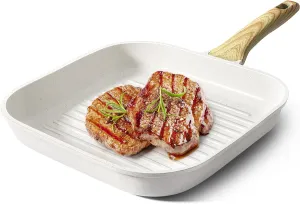 GiPP Nonstick Grill Pan for Stove Tops - 11 Inch Square Grilling Pan for Indoor Cooking & Outdoor Grilling, Non Stick Granite Grill Skillet Steak Pan, PFOA Free (White)