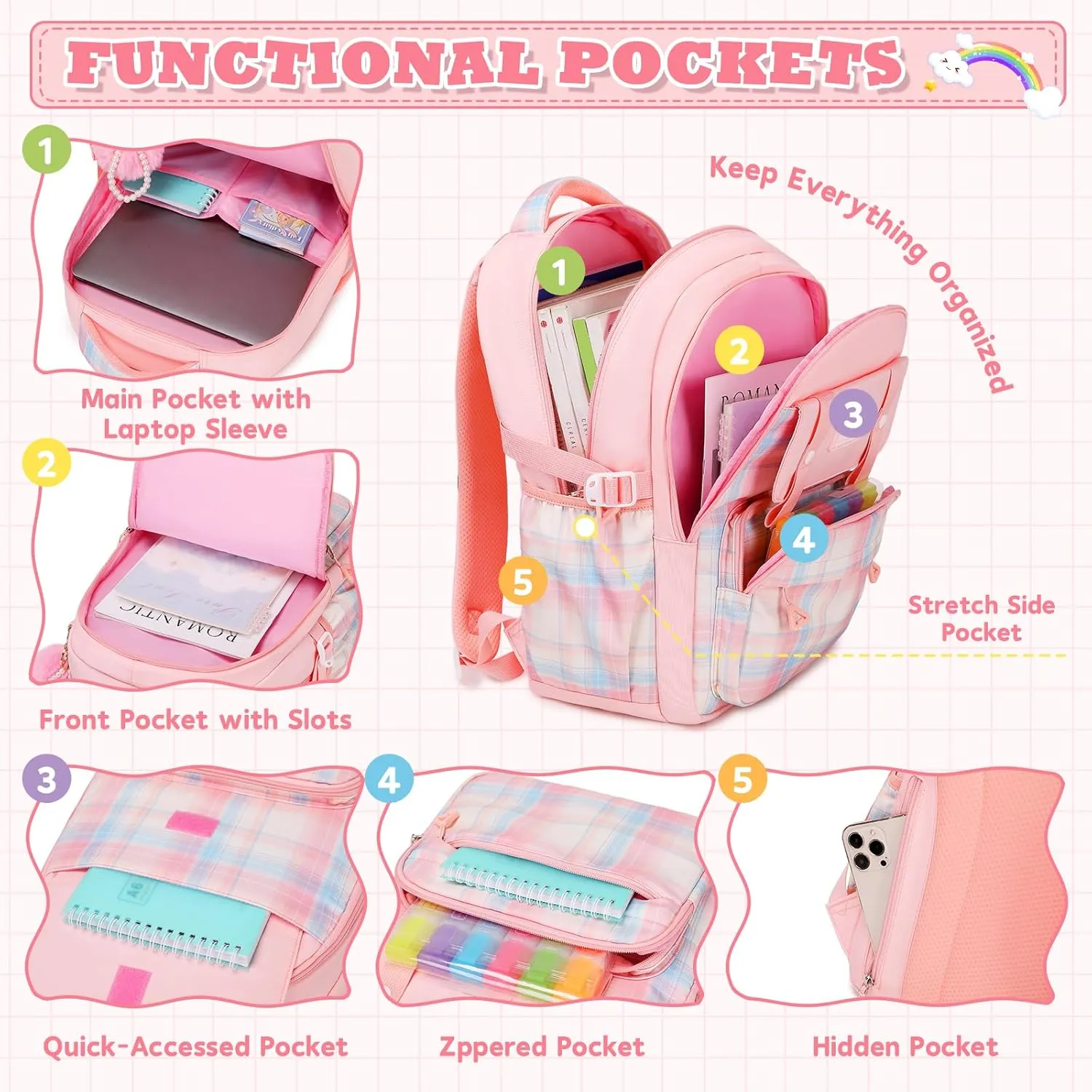 Girls Backpack, Ideal School Backpack for Girls from Elementary to Teen Years, Kawaii Bookbag Cute Large Capacity