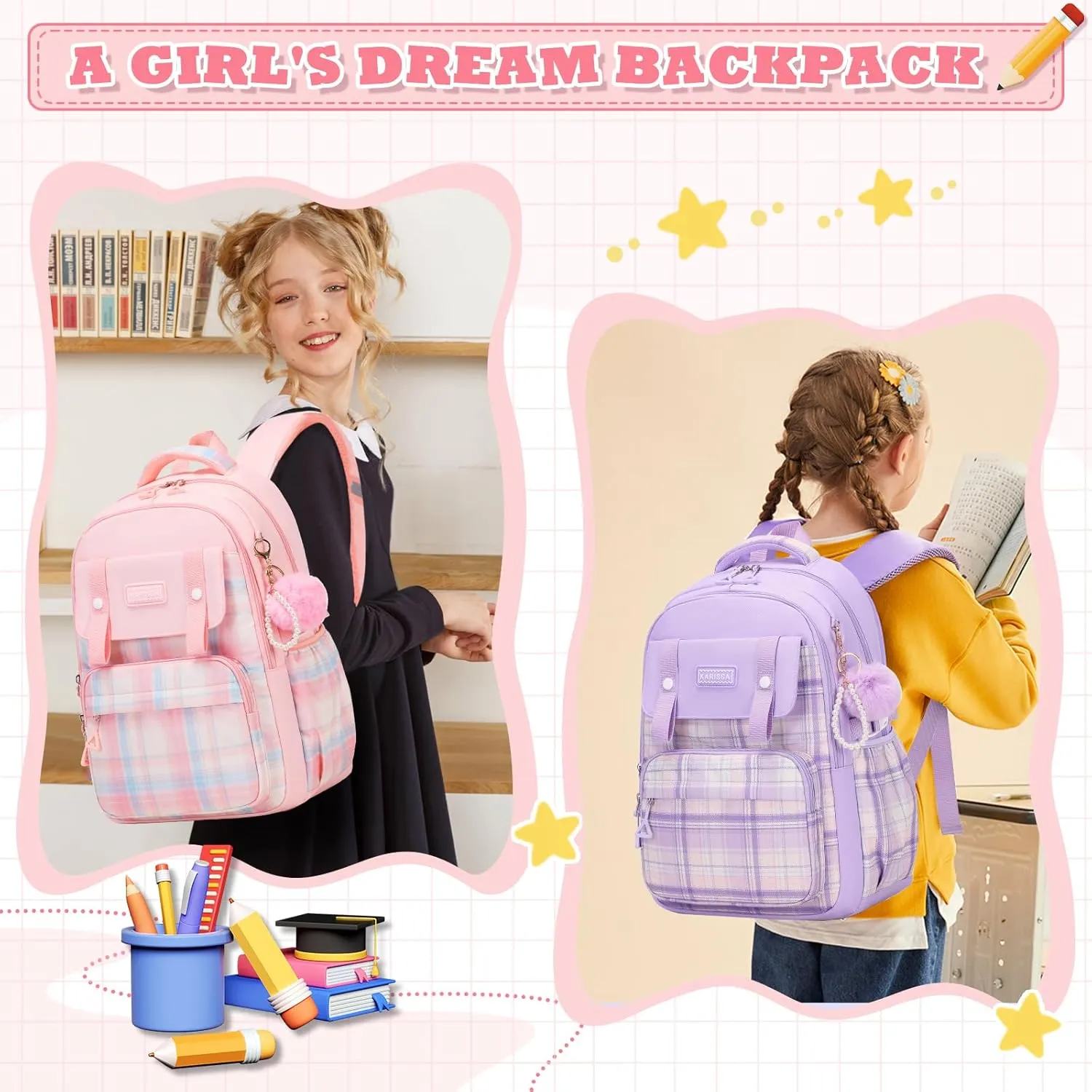Girls Backpack, Ideal School Backpack for Girls from Elementary to Teen Years, Kawaii Bookbag Cute Large Capacity