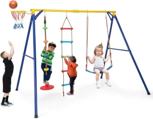 GLACER Swing Sets for Backyard, Heavy Duty Metal Playground Sets for Backyards w/Climbing Ladder, Climbing Rope, Basketball Hoop, Adjustable Belt Swing, Swingset Outdoor for Kids