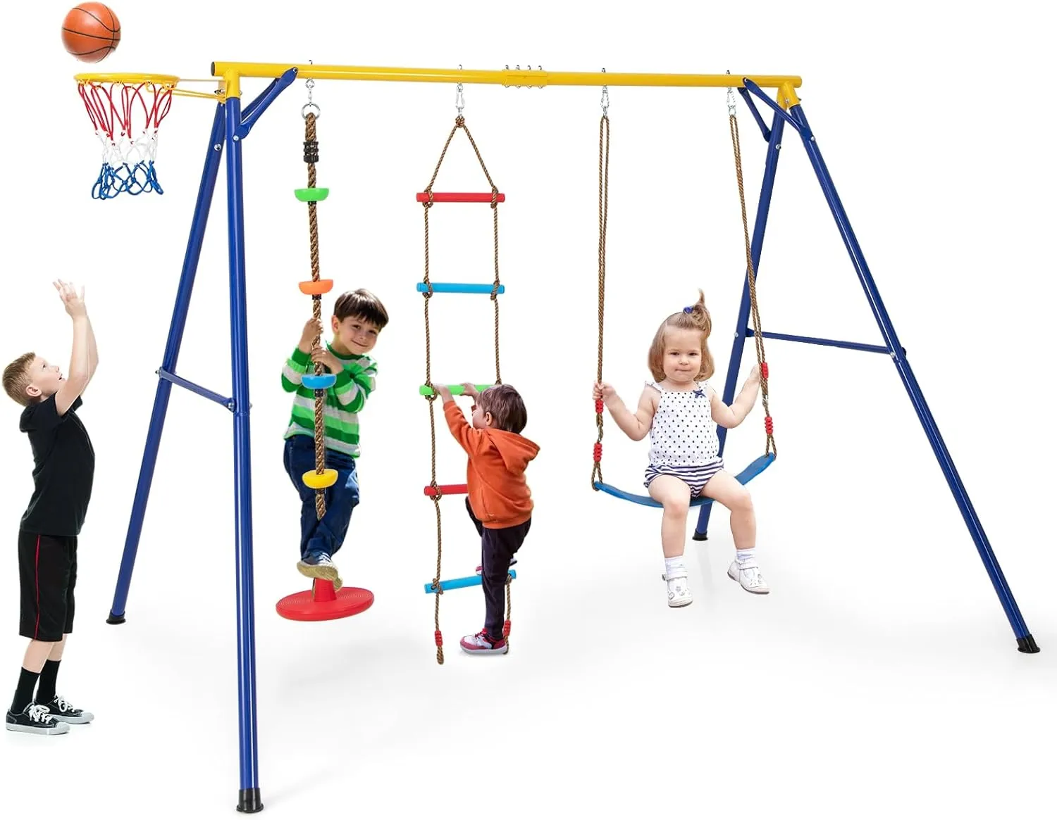 GLACER Swing Sets for Backyard, Heavy Duty Metal Playground Sets for Backyards w/Climbing Ladder, Climbing Rope, Basketball Hoop, Adjustable Belt Swing, Swingset Outdoor for Kids