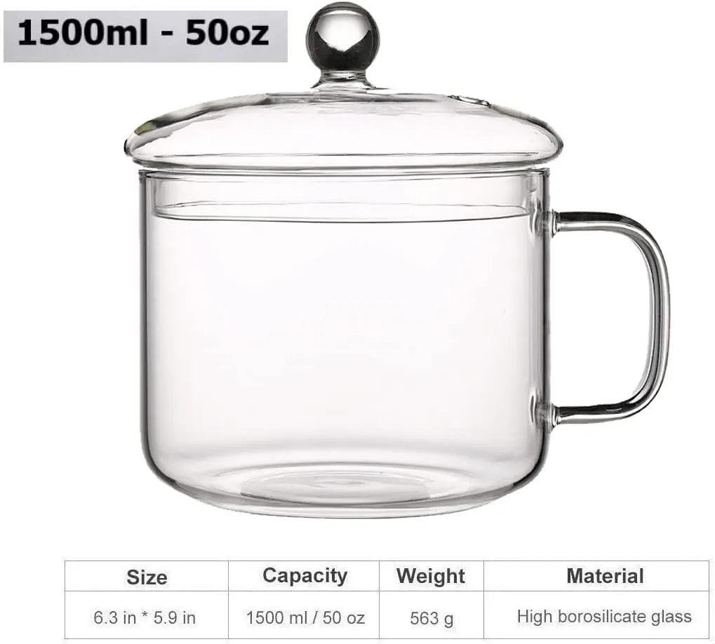 Glass Cooking Pot - 1.5L/50oz Clear Glass Cooking Pot, Glass Saucepan, Simmer Pot With Lid, Easy Grip Handles, Made from Oven, Microwave, Safe for Pasta Noodle, Soup, Milk, Tea