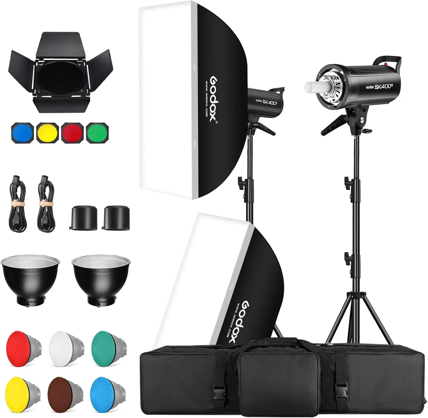 Godox SK400II 400W Studio Strobe Flash 2Pack Kit 2.4G Wireless X System Bowens Mount 5600±200K with Standard Reflector,BD-04,Softbox,Light Stand,for Photography