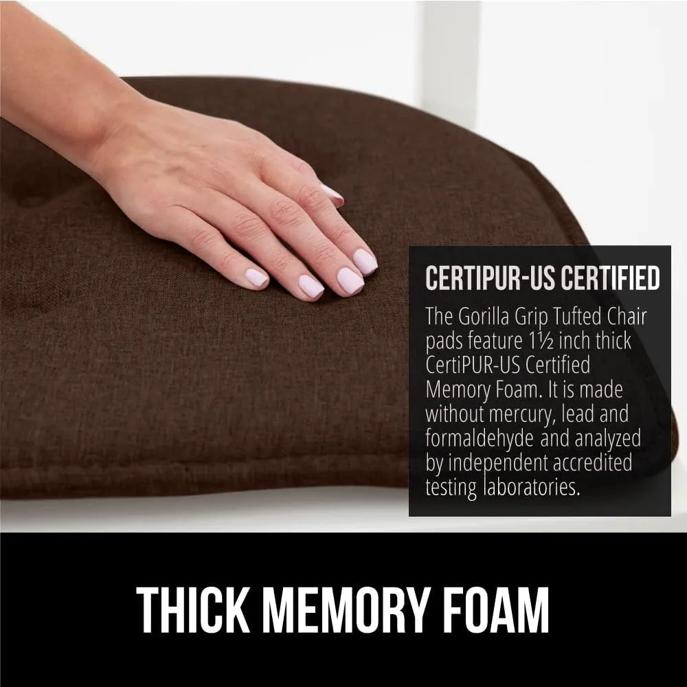 GORILLA GRIP Slip Resistant Tufted Chair Cushions, No Ties Required, Memory Foam Pads for Dining Room Kitchen Table, Office, Rocking Chairs, Plush Seat Cushion Pad, Home Decor, Set of 4, 16x17, Brown