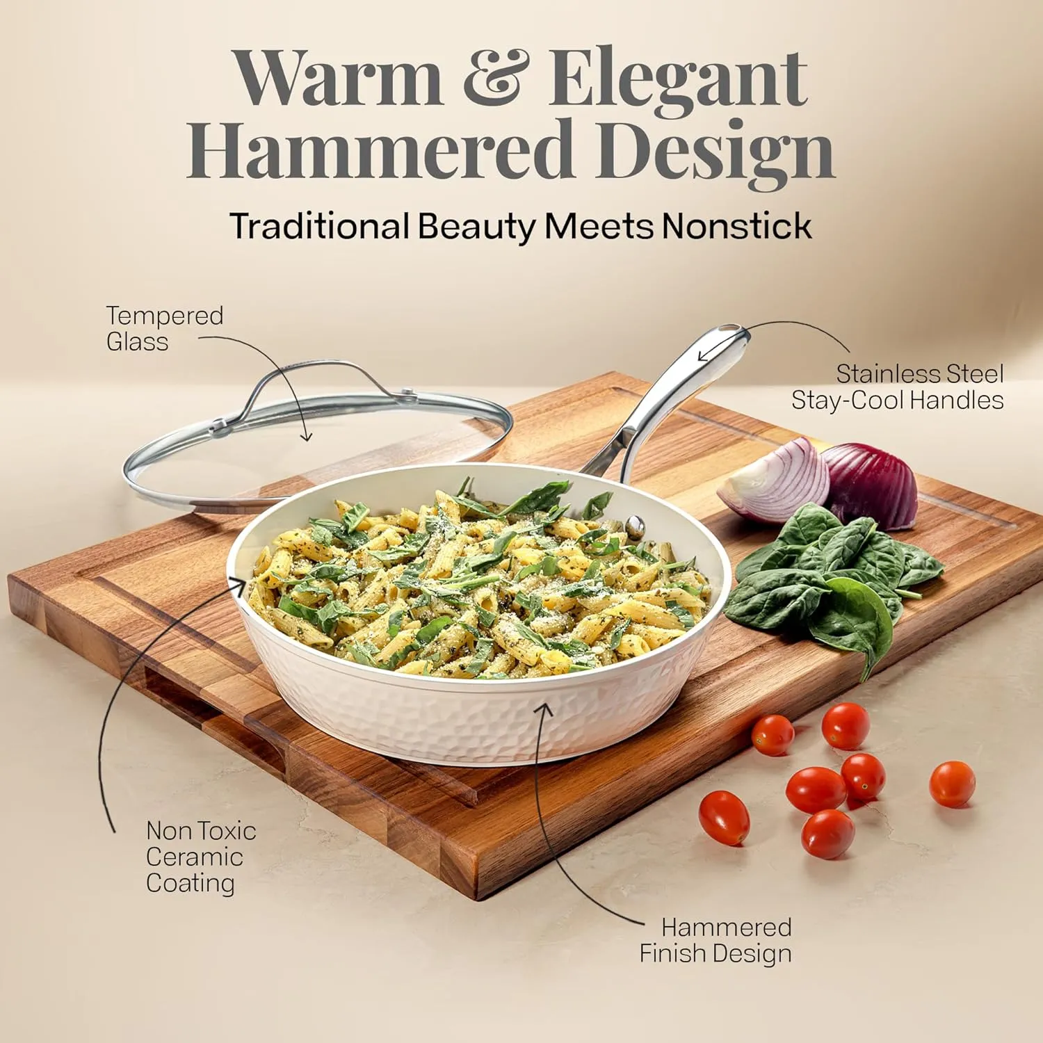 GOTHAM STEEL Hammered 10 Inch Non Stick Frying Pans with Lid, Frying Pans Nonstick with Lid, Healthy and Non Toxic Ceramic Pan for Cooking, Nonstick Frying Pan, Induction Pan, Dishwasher Safe – Cream