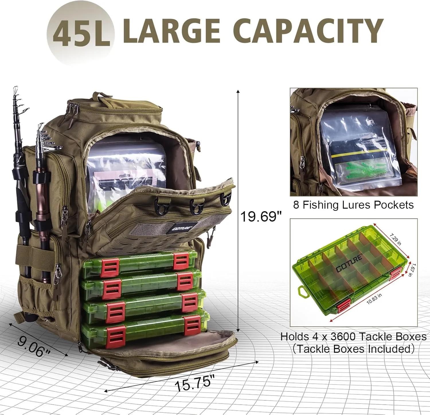Goture Fishing Backpack with 4 Tackle Boxes,45L 600D Tackle Backpack with Rod Holders,8 Lure Pockets,Rain Cover,Large Fishing Bag Saltwater Gear Storage Bag for Camping Hiking