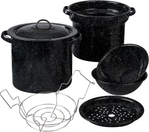Granite Ware 3 in1 Stock Pot - Enameled Steel Multi-use Pot Set (8 Quarts), Ideal for Pasta, Tamales & Canning, Speckled Black