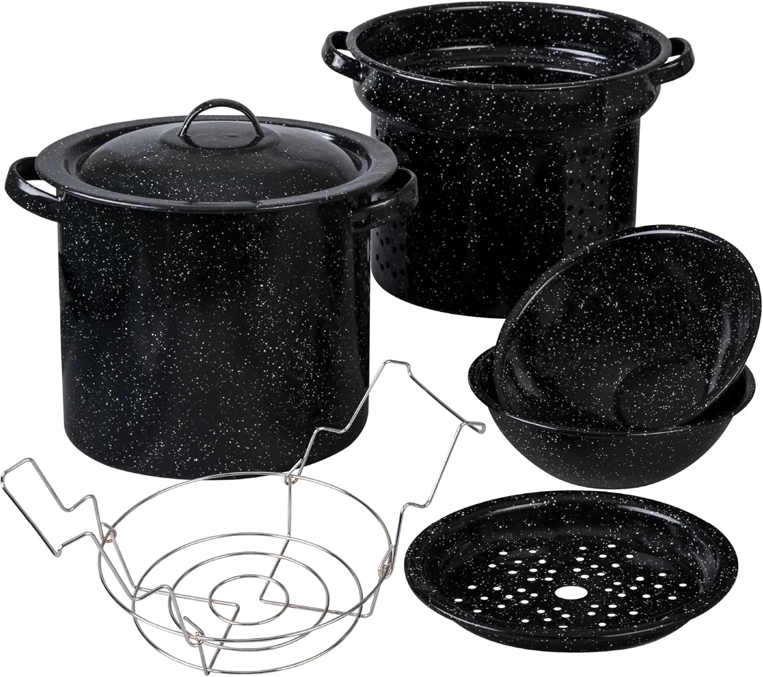 Granite Ware 3 in1 Stock Pot - Enameled Steel Multi-use Pot Set (8 Quarts), Ideal for Pasta, Tamales & Canning, Speckled Black