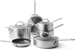 GreenPan Craft Steel 10-Piece Cookware Set with Bonus Pan Protectors, Silver