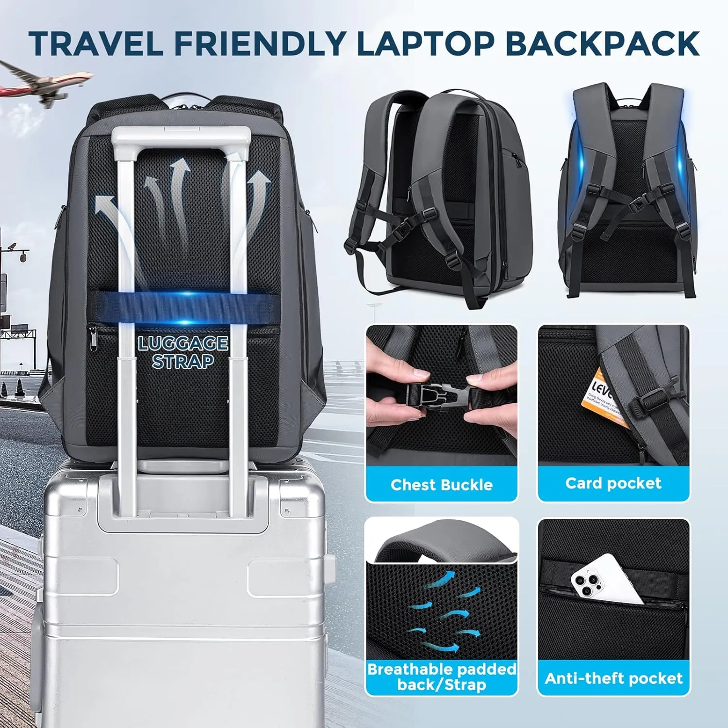 Grey Business Backpack for Men, Fits 17 Inch Laptop Water Resistant 45L Travel Bag with USB Charging Port, Expandable Men's Backpack for Work/College/Commuter
