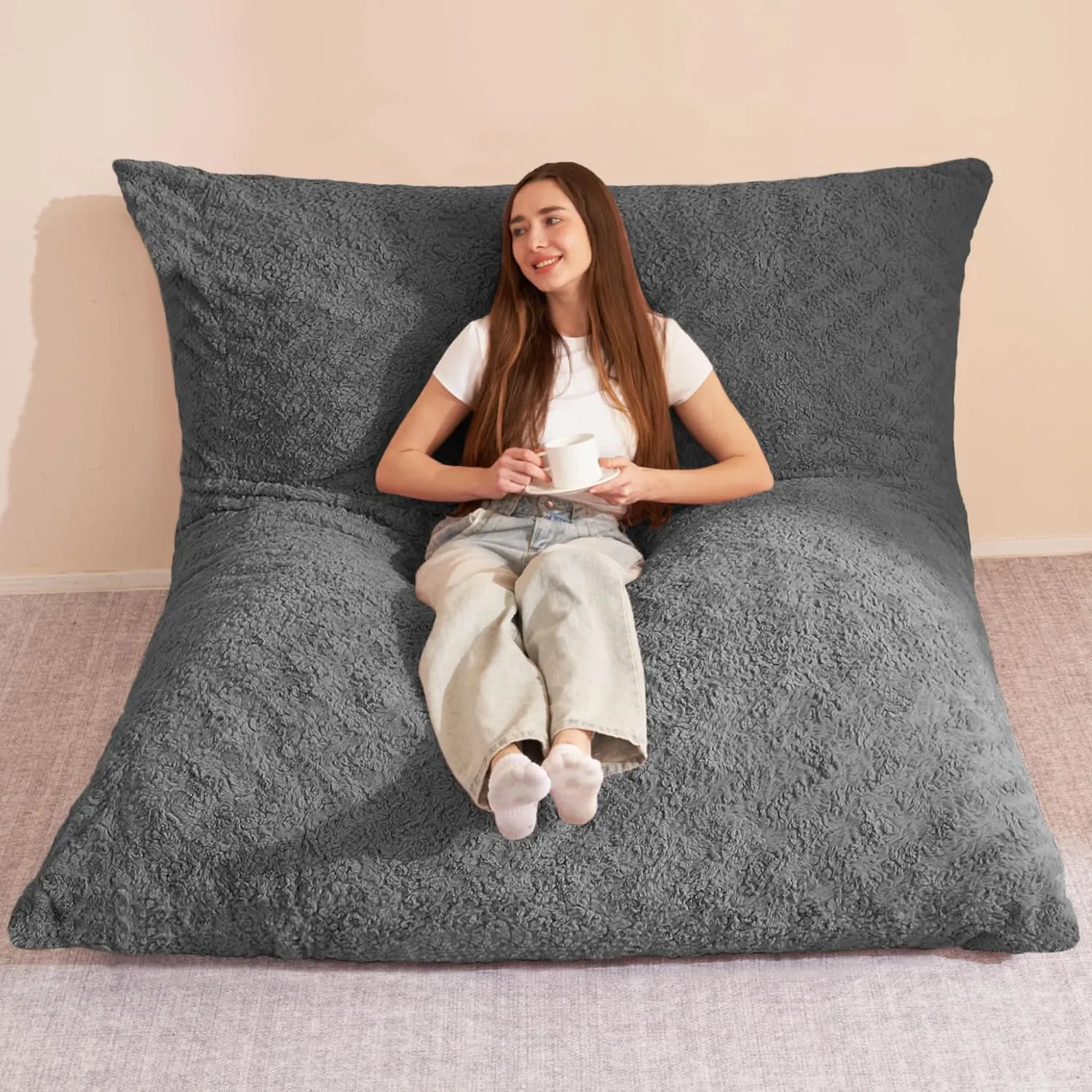 HABUTWAY 4 in 1 Bean Bag Chair, Giant Memory Foam Filling Bean Bag Sofa, Adult Bean Bag Chair, Machine Washable Faux Fur Cover, Bean Bag for Adult (Grey)