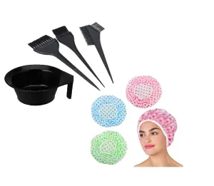 Hair Dye Brush, Mixing Bowl With 3 Shower Cap | Hair Coloring Applicator Brush Set, Hair Dye Color Mixing Bowl with Handle | Reusable Bathing Hair Cap Cover | Beauty Salon Spa Tool Kit (7pcs)