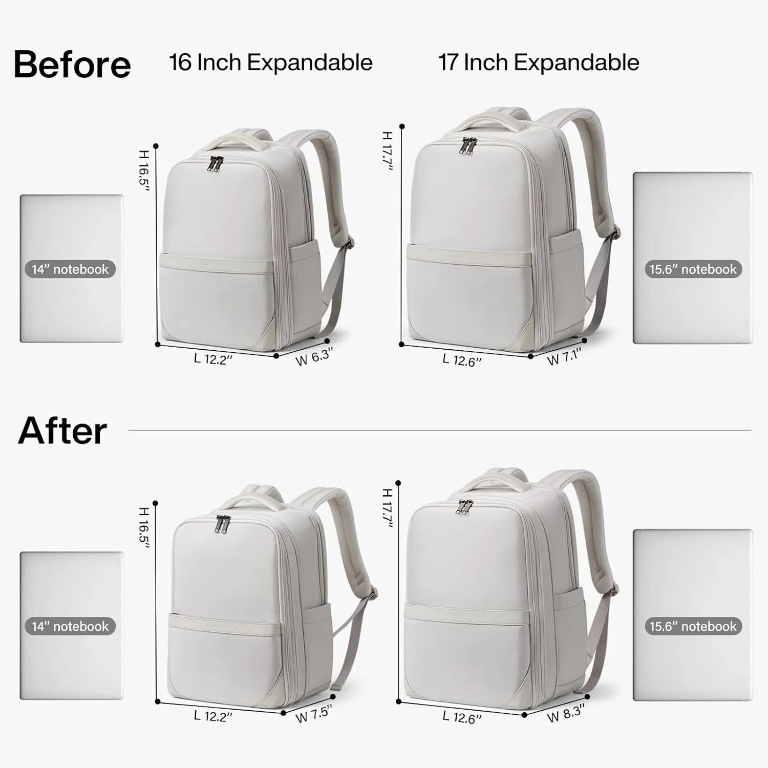 Hanke 16 Inch Expandable Travel Backpack for Women Men, Full Open Laptop Backpack with Luggage Strap, Business Work Backpacks Fits 15.6 Inch Laptop(Greyish White)