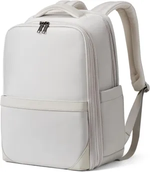 Hanke 16 Inch Expandable Travel Backpack for Women Men, Full Open Laptop Backpack with Luggage Strap, Business Work Backpacks Fits 15.6 Inch Laptop(Greyish White)