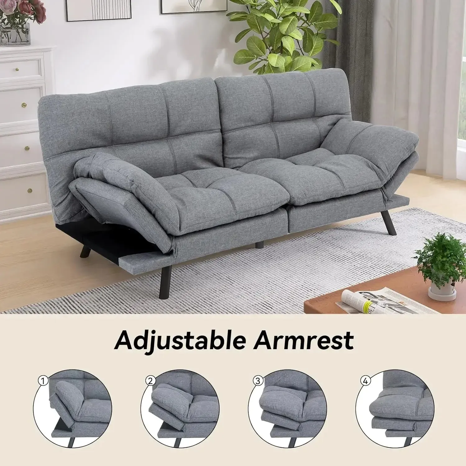 HcoreComfort Split-Back Linen Convertible Sofa with Multipurpose Design