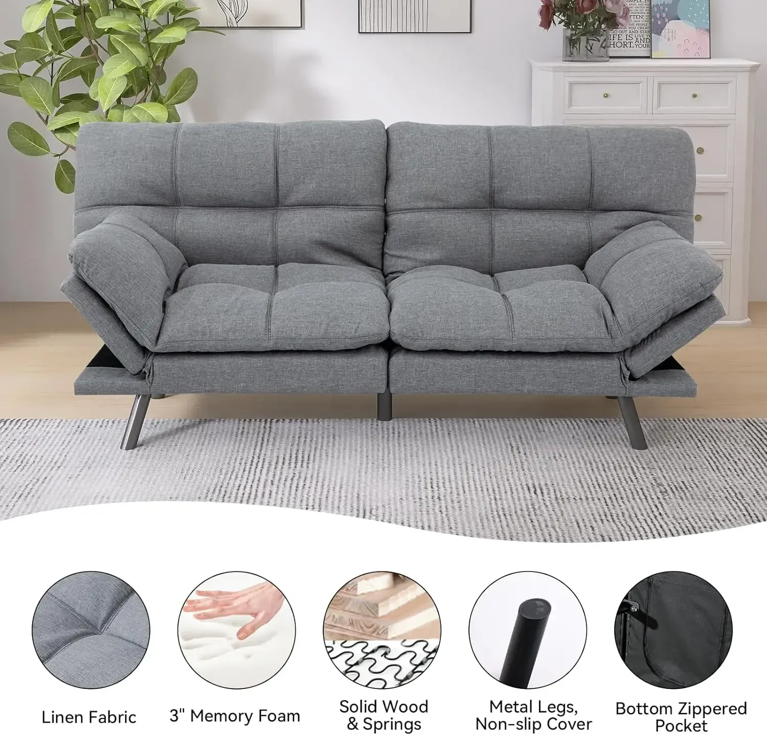 HcoreComfort Split-Back Linen Convertible Sofa with Multipurpose Design