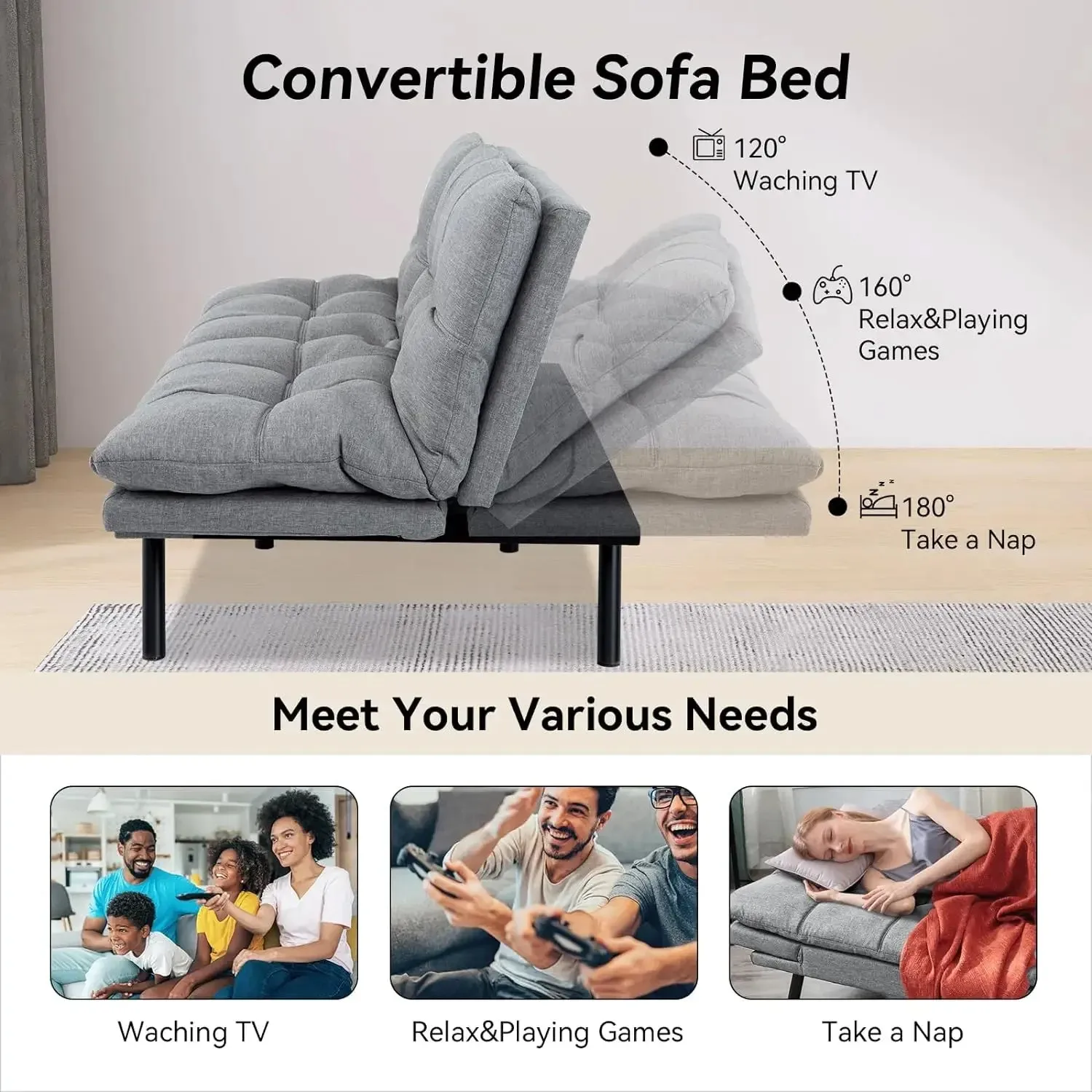 HcoreComfort Split-Back Linen Convertible Sofa with Multipurpose Design