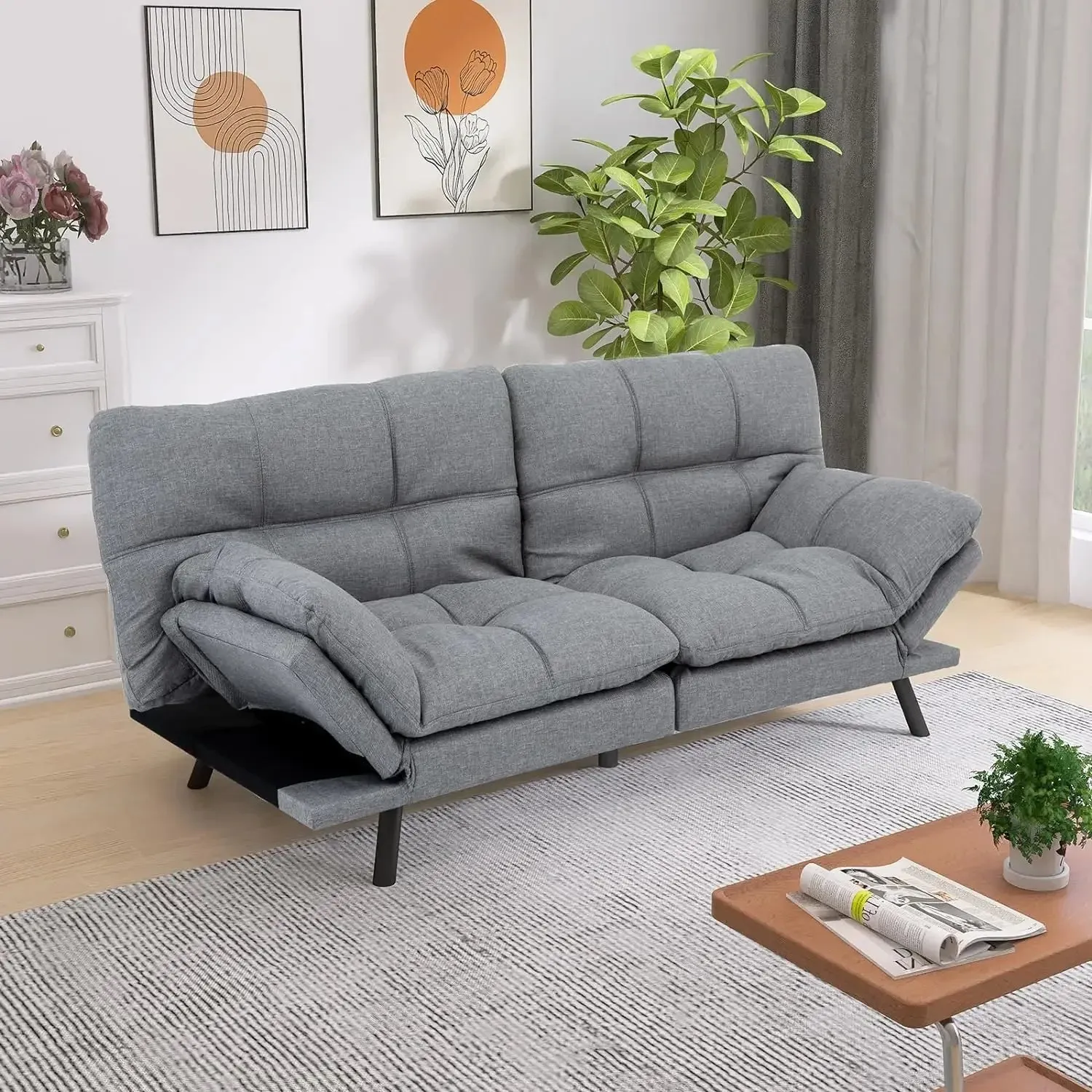 HcoreComfort Split-Back Linen Convertible Sofa with Multipurpose Design