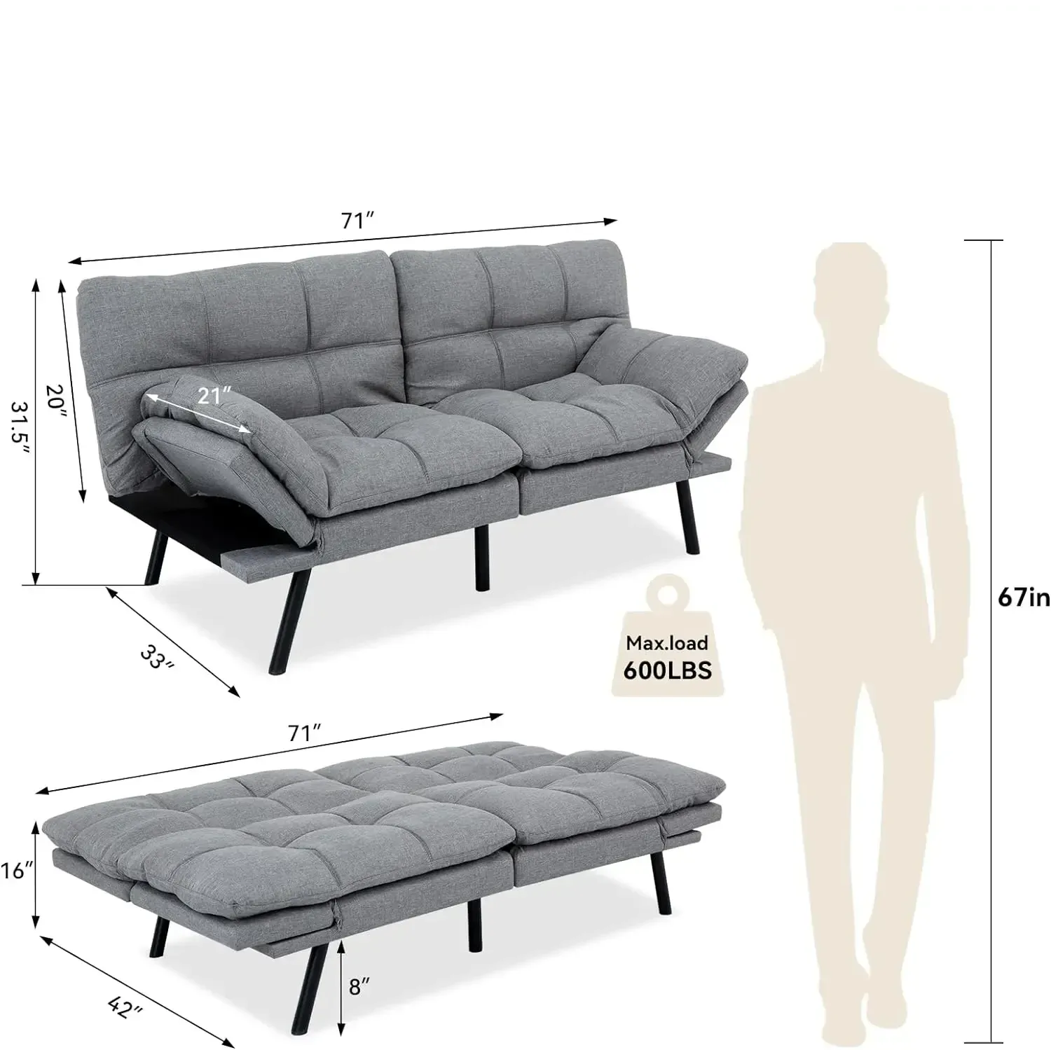 HcoreComfort Split-Back Linen Convertible Sofa with Multipurpose Design