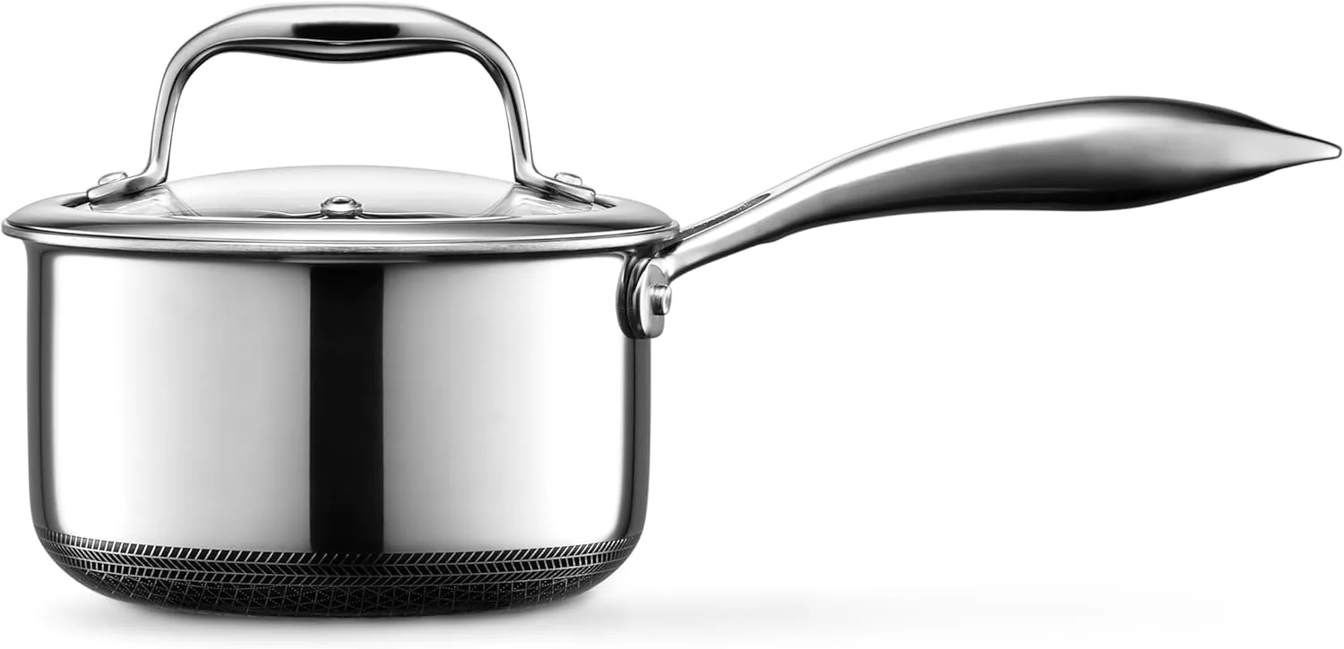 HexClad Hybrid Nonstick 1-Quart Saucepan with Tempered Glass Lid, Stay-Cool Handle, Dishwasher-Friendly, Oven-Safe Up to 900°F, Induction-Ready, Compatible with All Cooktops
