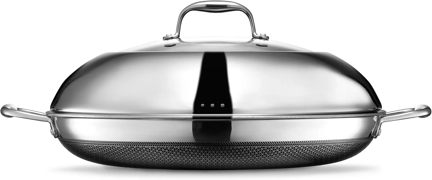 HexClad Hybrid Nonstick 14-Inch Frying Pan with Stainless Steel Lid, Stay-Cool Handles, Dishwasher-Friendly, Oven-Safe Up to 900°F, Induction Ready, Compatible with All Cooktops
