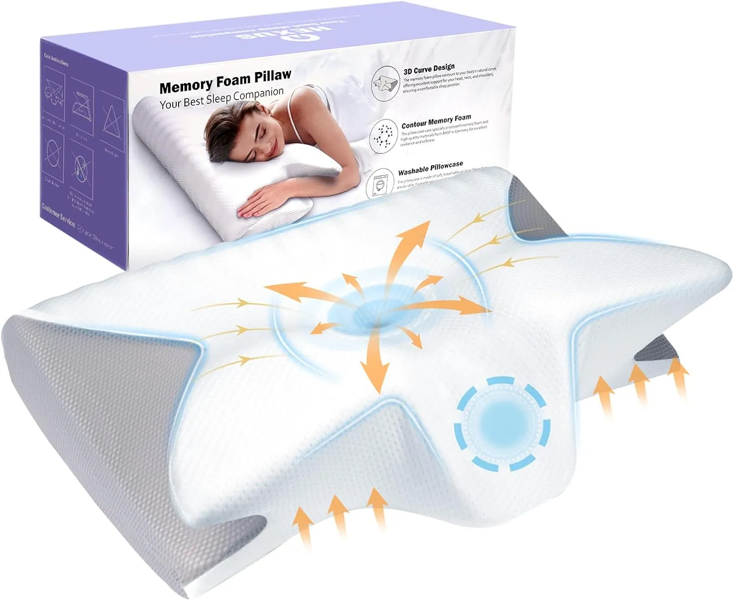 Hexus Cervical Pillow for Neck Pain Relief, Ergonomic Hollow Design, Odorless Memory Foam Pillow for Sleeping, Orthopedic Contour Neck Support Pillows for Side, Back, and Stomach Sleepers, Gray