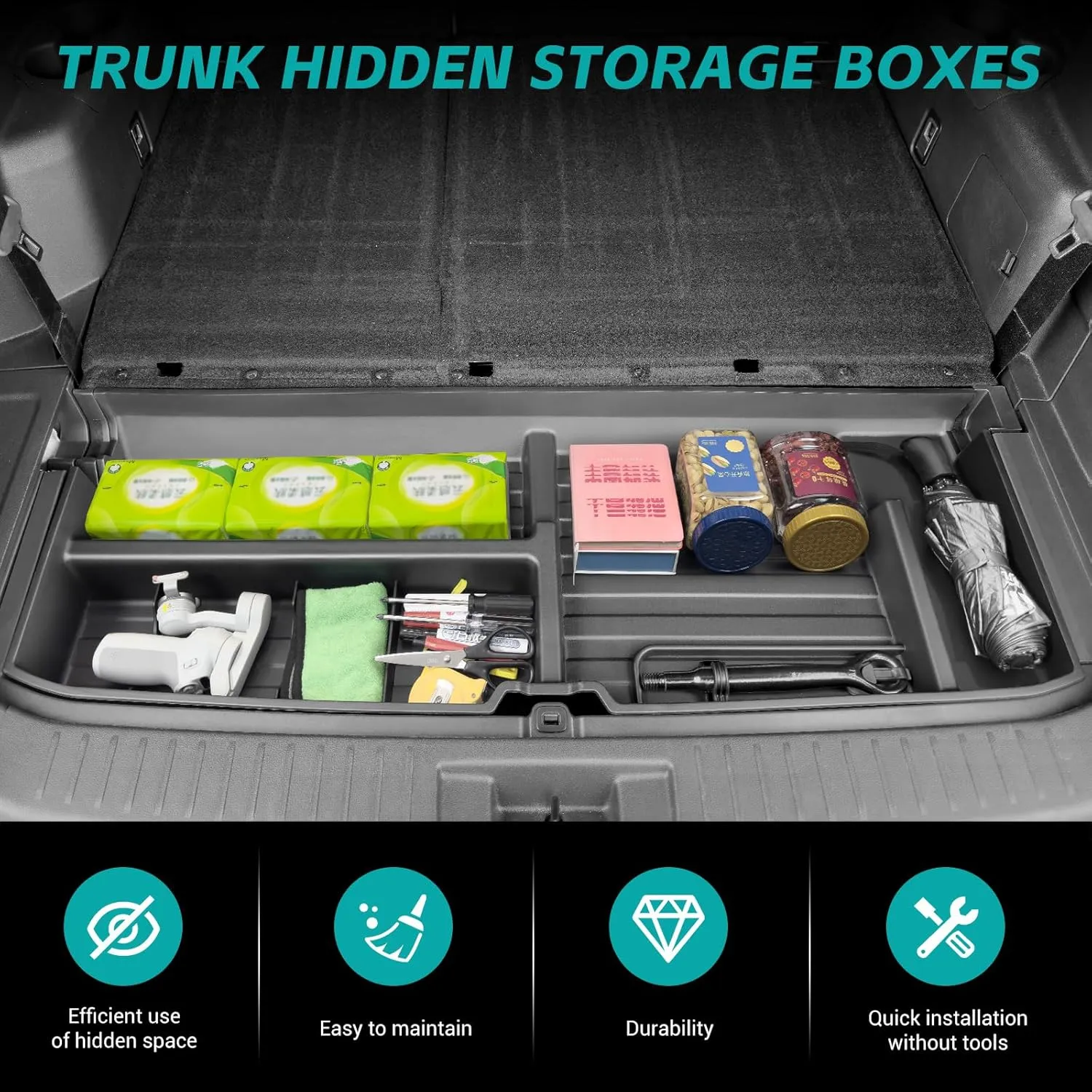 Hidden Trunk Organizer Compatible with 2020-2025 Toyota Highlander All Models (Not Grand Highlander), Anti-Theft Car Storage Solution, Under Cargo Floor Spare Tire Privacy Storage Box