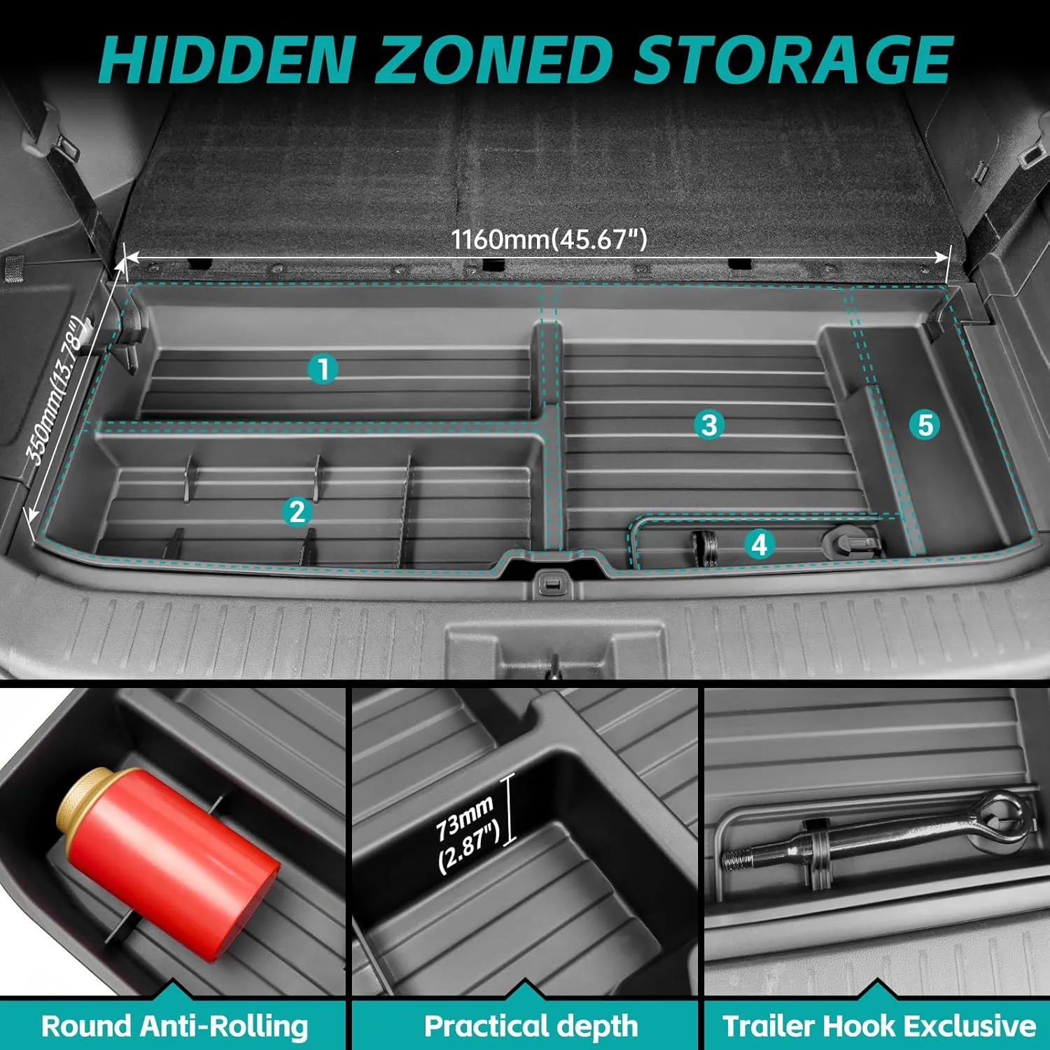 Hidden Trunk Organizer Compatible with 2020-2025 Toyota Highlander All Models (Not Grand Highlander), Anti-Theft Car Storage Solution, Under Cargo Floor Spare Tire Privacy Storage Box