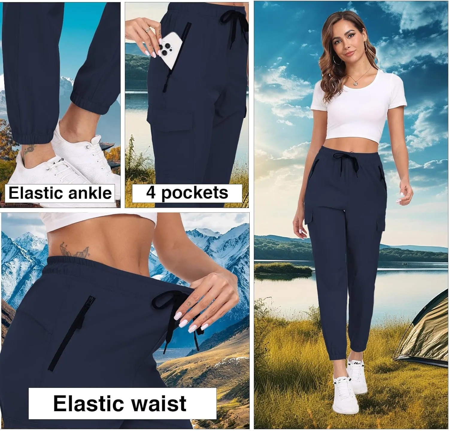 Hiking Pants for Women UPF 50  Cargo Quick Dry Water Resistant Elastic Waist Zip Pockets Travel Work Lightweight Running