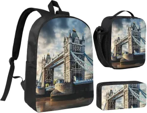 Historic Old Tower Bridge London print Backpack 3pcs Set Including 17 Inch Large BookBag With Lunch Bag And Practical Pen Bag