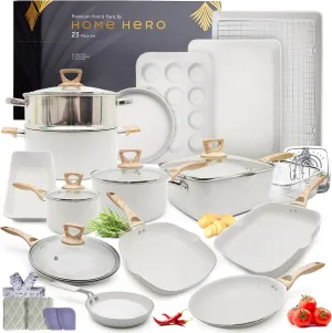 Home Hero Pots and Pans Set Non Stick - Induction Compatible Kitchen Cookware Sets   Bakeware Sets - Non Stick, PFOA Free, Oven Safe Pot and Pan Set Nonstick (23 Pcs - Cream)