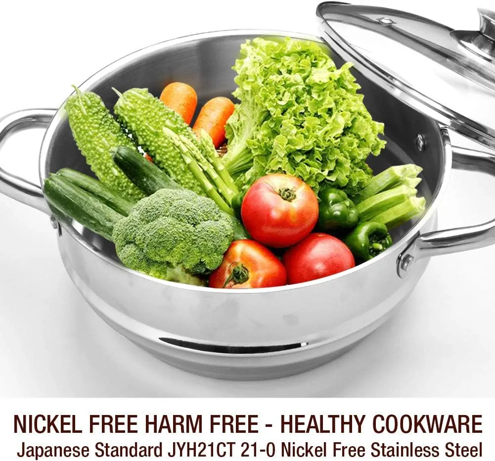 HOMICHEF 3 PCS Whole Food Steamer Set - Nickel Free Stainless Steel Veggie Steam Pot (9.5" Large Vegetable Steamer Insert With Lid, 8" Steam Pot)