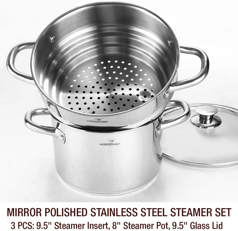 HOMICHEF 3 PCS Whole Food Steamer Set - Nickel Free Stainless Steel Veggie Steam Pot (9.5" Large Vegetable Steamer Insert With Lid, 8" Steam Pot)