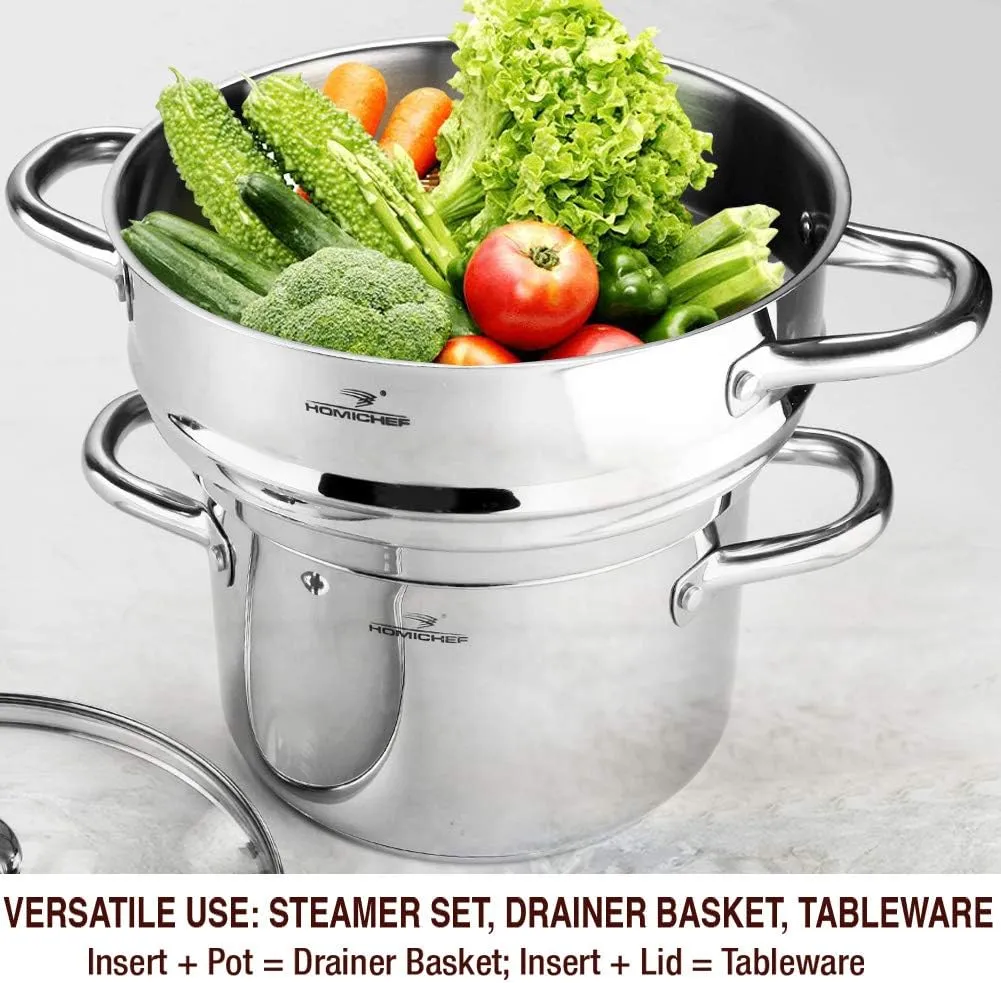 HOMICHEF 3 PCS Whole Food Steamer Set - Nickel Free Stainless Steel Veggie Steam Pot (9.5" Large Vegetable Steamer Insert With Lid, 8" Steam Pot)