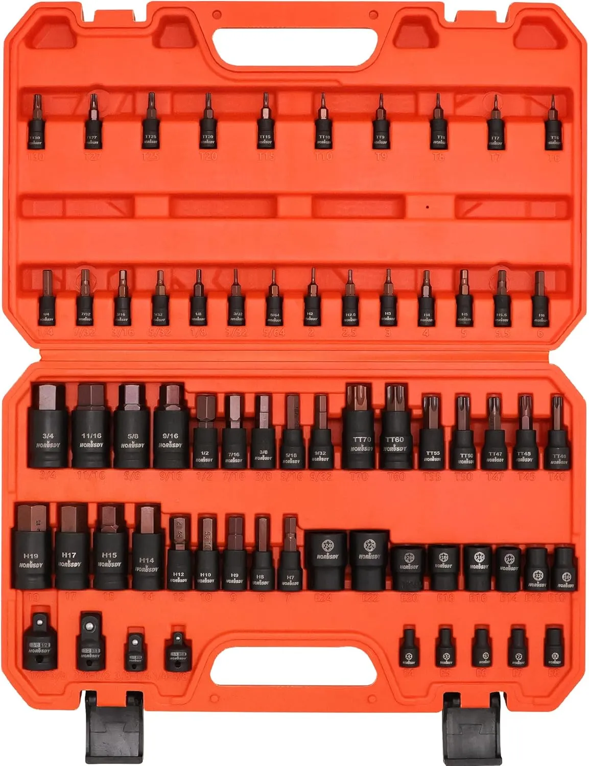 HORDSY 66-Piece Allen & Torx Bit Socket Set - S2 Steel SAE/MM, Star & Female E-Torx Sockets, 4 Impact Socket Adapter