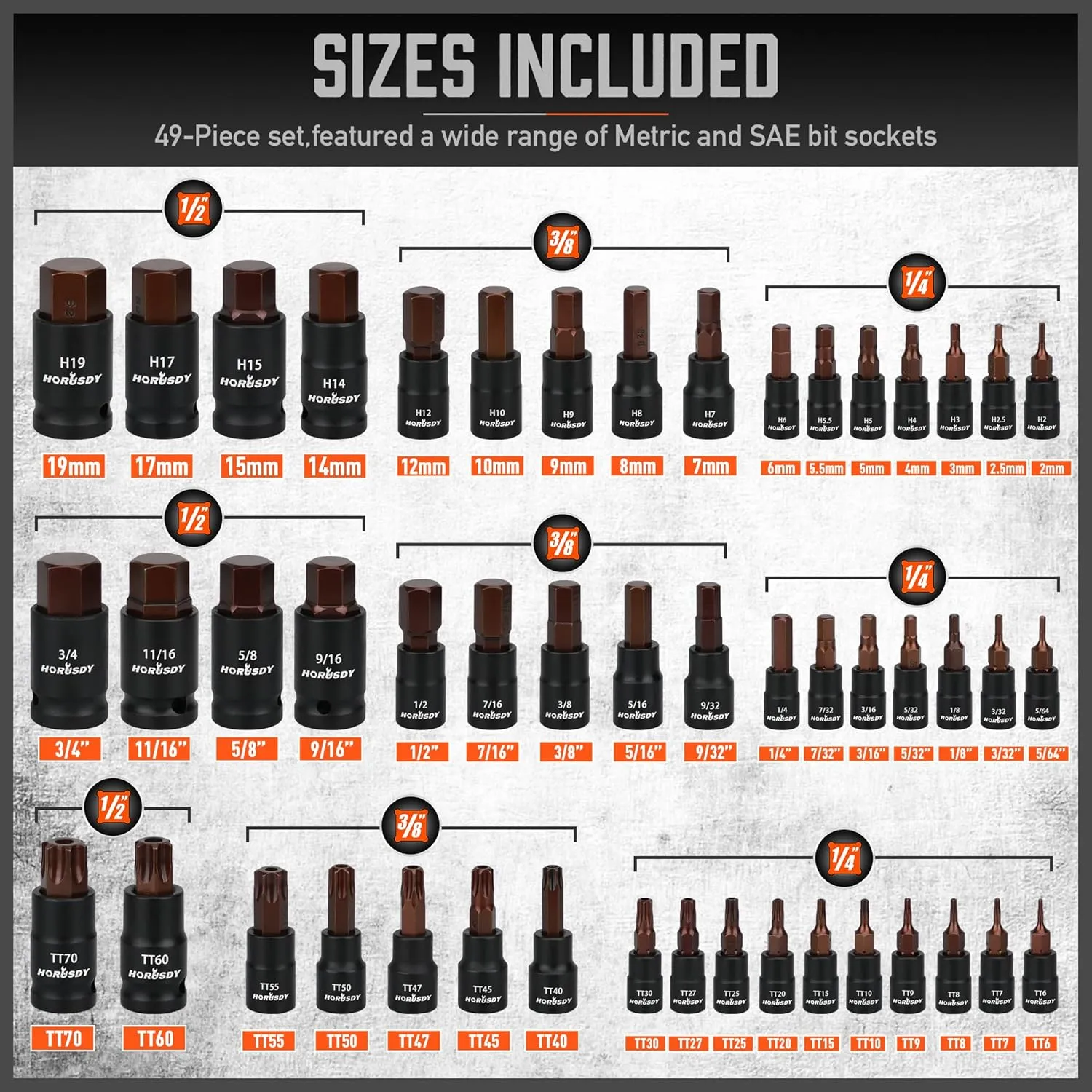 HORDSY 66-Piece Allen & Torx Bit Socket Set - S2 Steel SAE/MM, Star & Female E-Torx Sockets, 4 Impact Socket Adapter