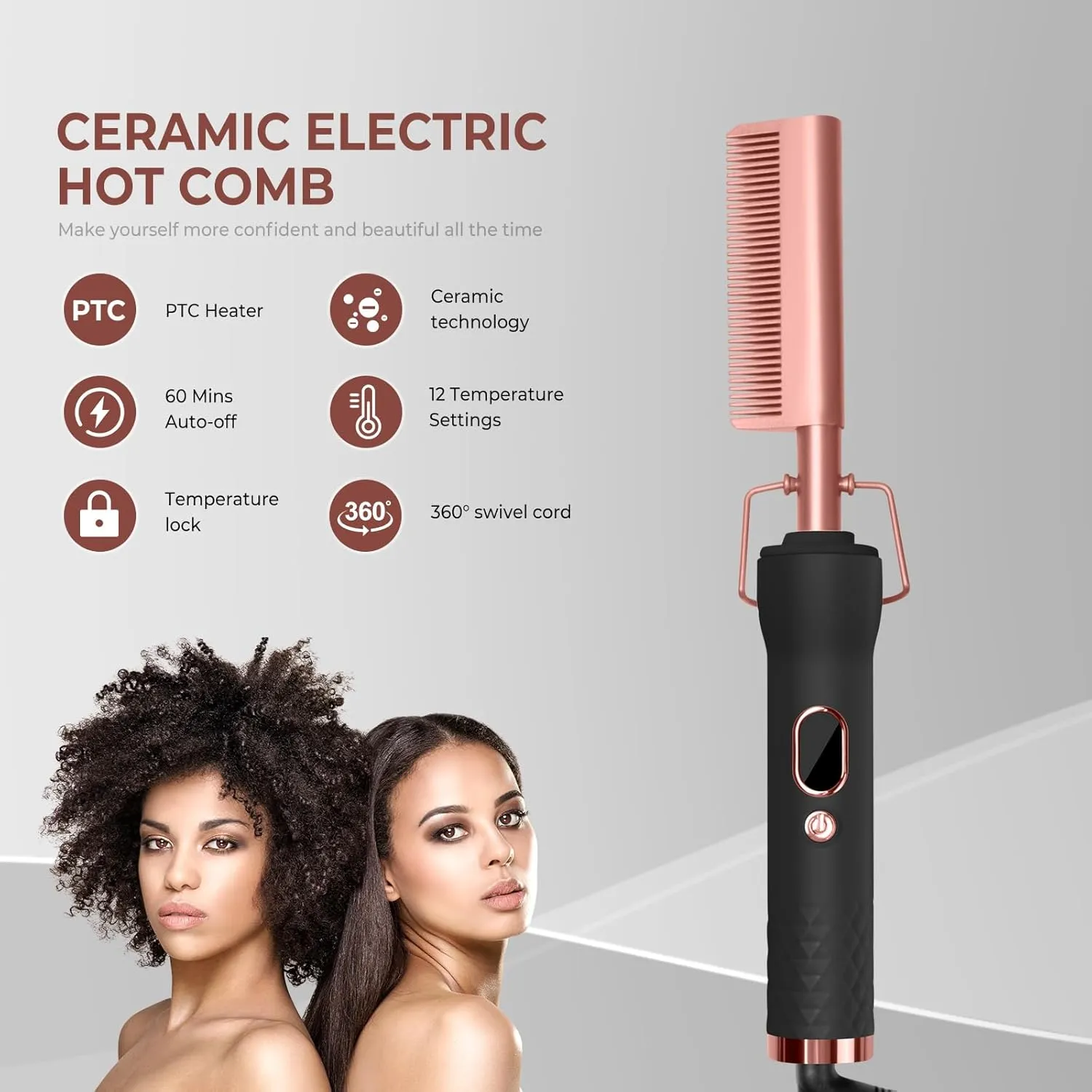Hot Comb for Wigs Human Hair with 12 Temp Settings,110-240V Pressing Combs,Heating Up to 450°F Electric Hot Comb for Black Women Hair