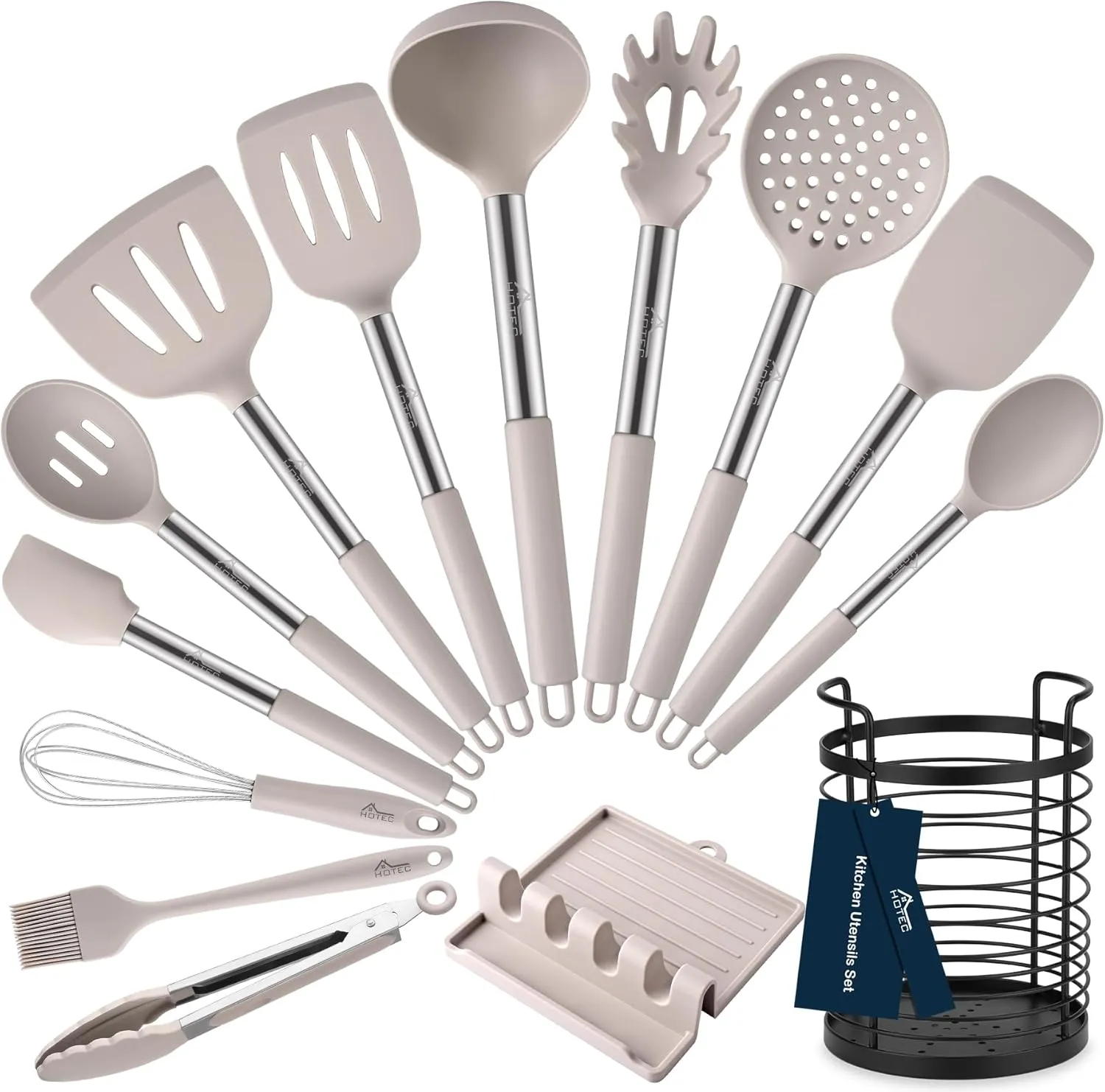 HOTEC Heat Resistant Silicone Kitchen Utensils, Cooking Utensil Set, Spatula Set, BPA Free, Kitchen Gadgets, With Stainless Steel Utensils Holder, Dishwasher Safe 14pcs Khaki