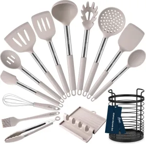 HOTEC Heat Resistant Silicone Kitchen Utensils, Cooking Utensil Set, Spatula Set, BPA Free, Kitchen Gadgets, With Stainless Steel Utensils Holder, Dishwasher Safe 14pcs Khaki