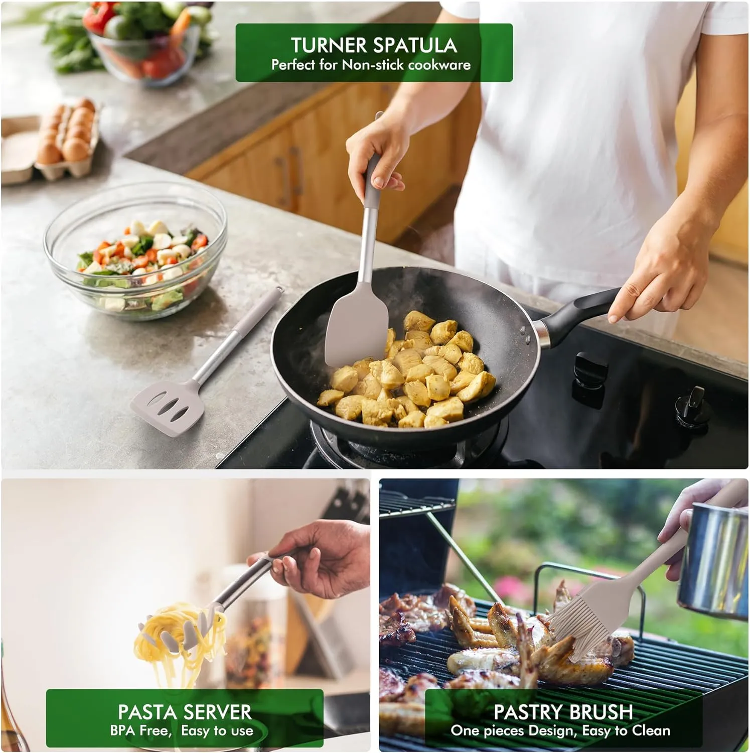 HOTEC Heat Resistant Silicone Kitchen Utensils, Cooking Utensil Set, Spatula Set, BPA Free, Kitchen Gadgets, With Stainless Steel Utensils Holder, Dishwasher Safe 14pcs Khaki