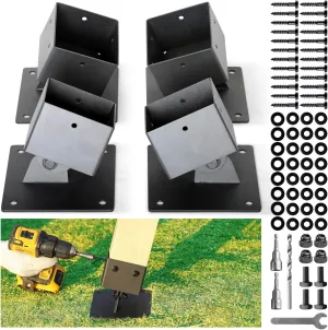 Hulave 4-Pack Adjustable Swing Brackets- 201 Stainless Steel for 4"x4" (Actual 3.5"x3.5"), Leveling Blocks for Swing Set, Protects Wood Legs, Enhances Stability -(4pack-Black Sand)