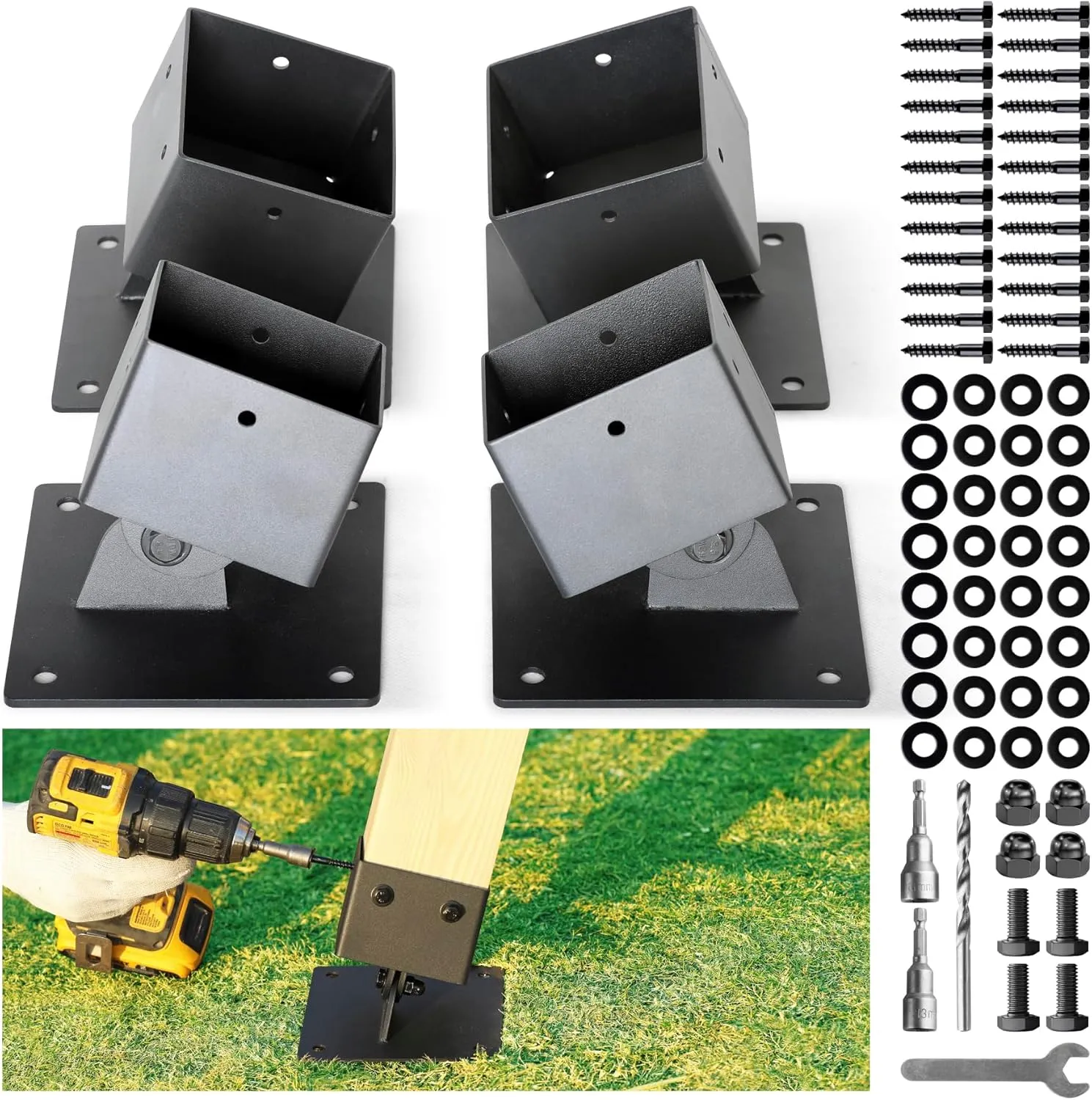 Hulave 4-Pack Adjustable Swing Brackets- 201 Stainless Steel for 4"x4" (Actual 3.5"x3.5"), Leveling Blocks for Swing Set, Protects Wood Legs, Enhances Stability -(4pack-Black Sand)
