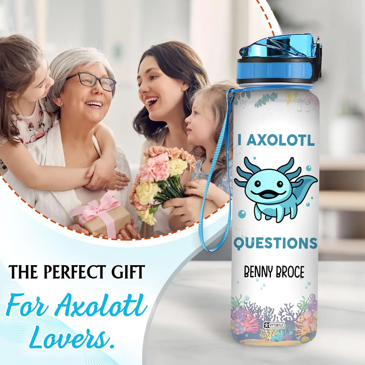 Hyturtle Personalized Axolotl Water Bottle - 32oz Motivational Water Bottle with Leak-Proof Lid & Time Marker - Custom Name Gift for Axolotl Lovers, Women, Girls, Boys - Birthday & Christmas Gift