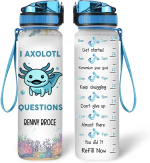Hyturtle Personalized Axolotl Water Bottle - 32oz Motivational Water Bottle with Leak-Proof Lid & Time Marker - Custom Name Gift for Axolotl Lovers, Women, Girls, Boys - Birthday & Christmas Gift