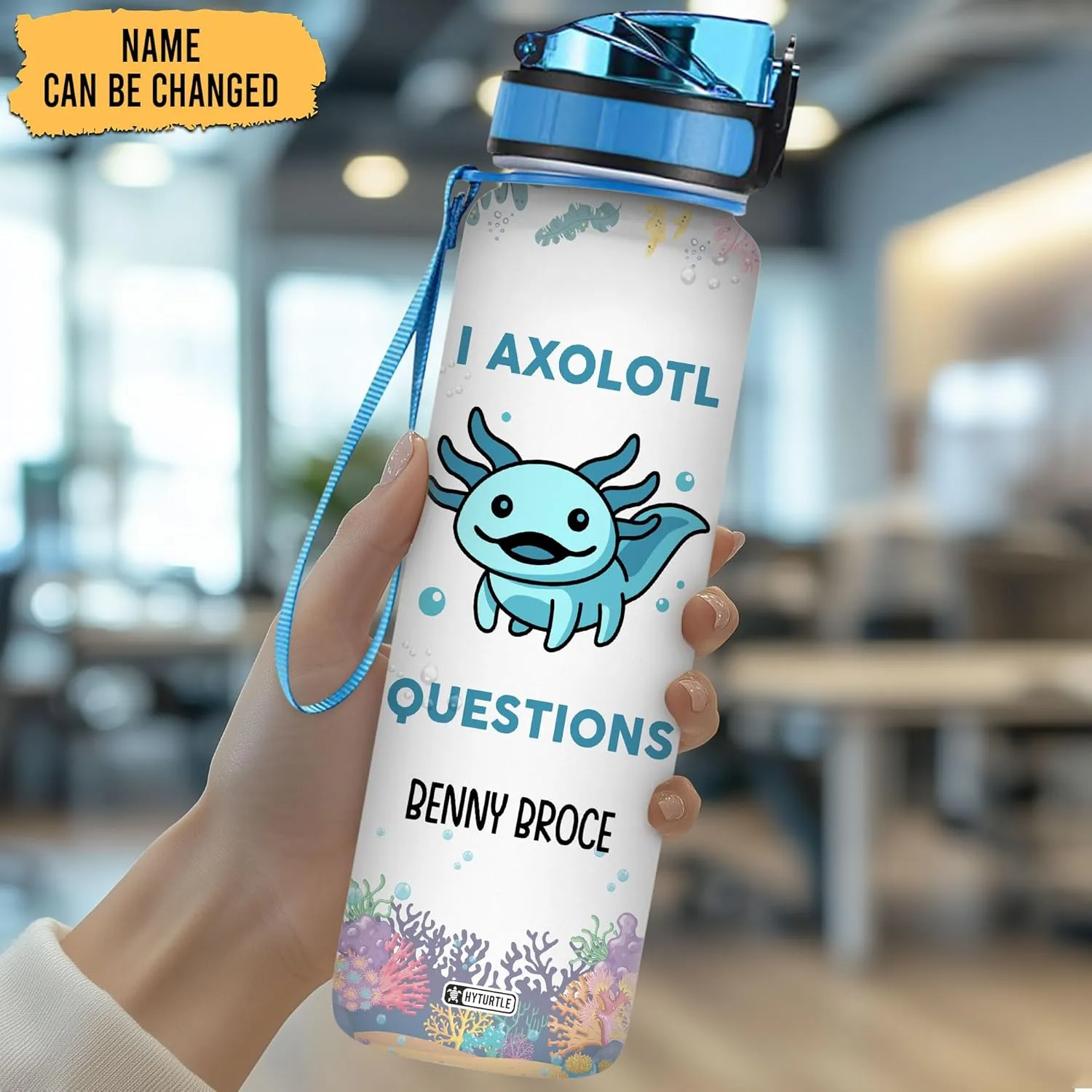 Hyturtle Personalized Axolotl Water Bottle - 32oz Motivational Water Bottle with Leak-Proof Lid & Time Marker - Custom Name Gift for Axolotl Lovers, Women, Girls, Boys - Birthday & Christmas Gift