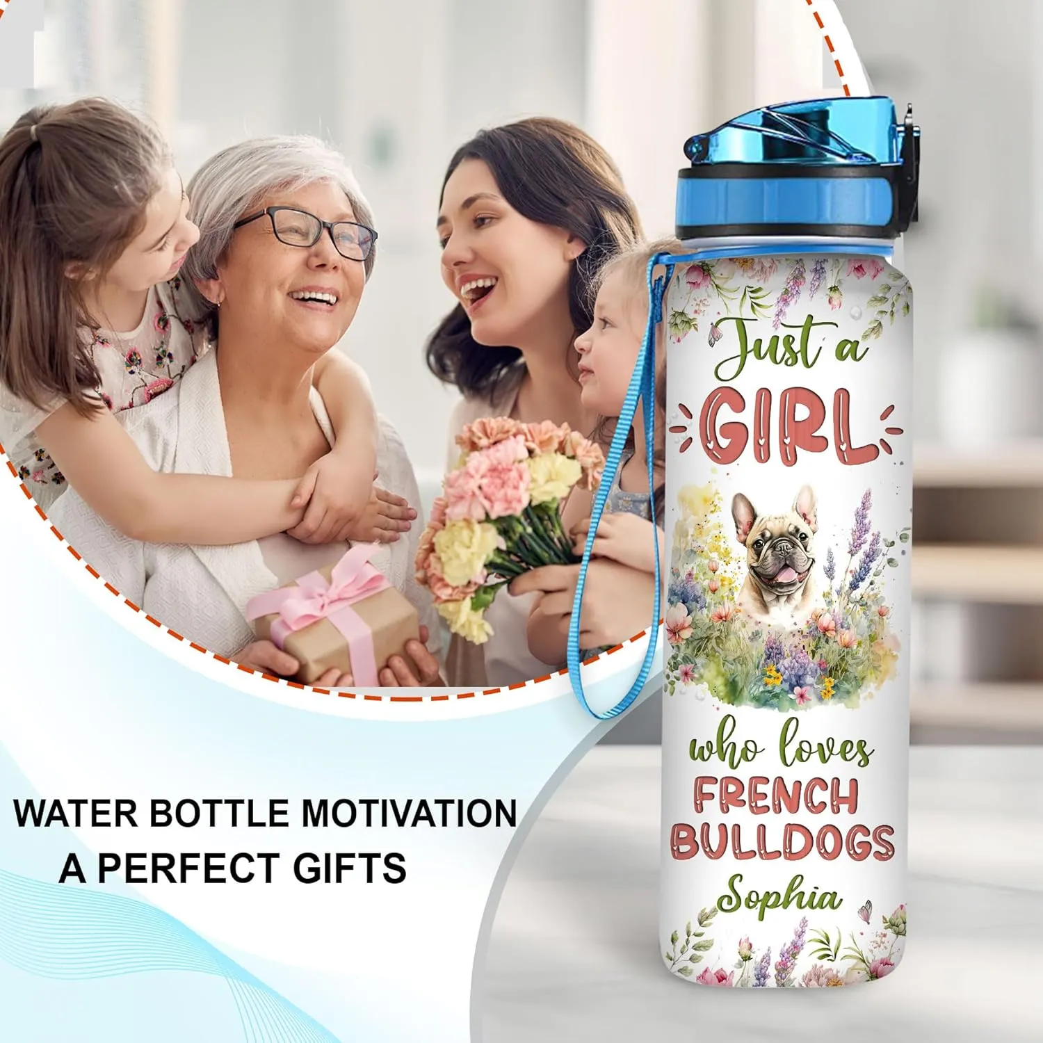 Hyturtle Personalized French Bulldog Dog Lovers 32 Oz 1Liter Motivational Water Bottle With Time Marker, Just A Girl Who Loves Dogs, Animal Lovers Gifts For Women, Girl On Birthday, Christmas