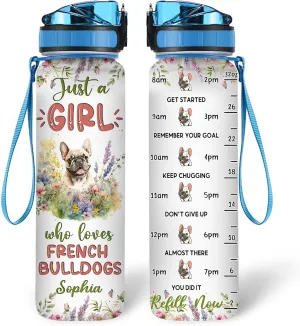 Hyturtle Personalized French Bulldog Dog Lovers 32 Oz 1Liter Motivational Water Bottle With Time Marker, Just A Girl Who Loves Dogs, Animal Lovers Gifts For Women, Girl On Birthday, Christmas