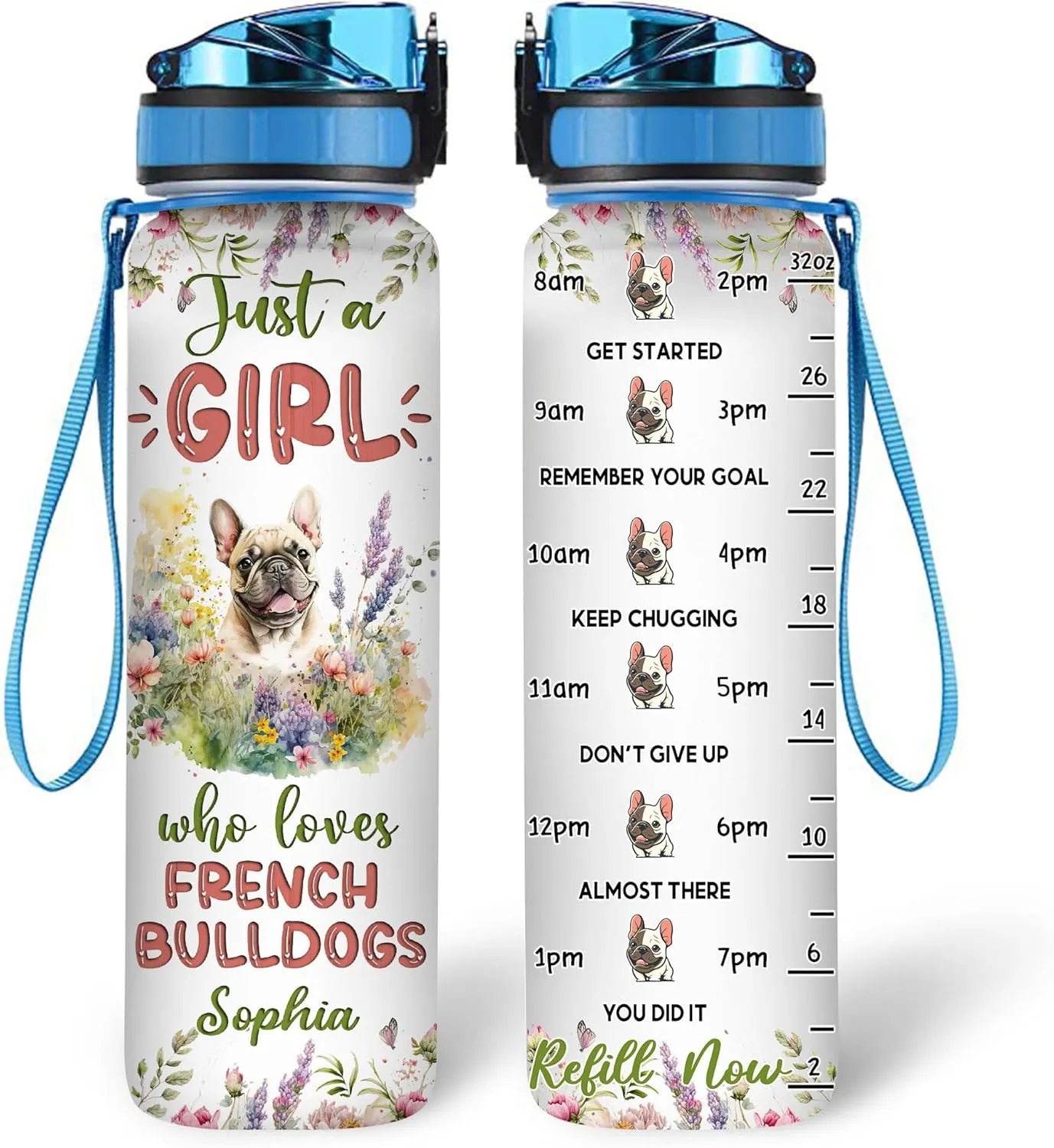 Hyturtle Personalized French Bulldog Dog Lovers 32 Oz 1Liter Motivational Water Bottle With Time Marker, Just A Girl Who Loves Dogs, Animal Lovers Gifts For Women, Girl On Birthday, Christmas